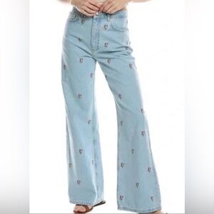 FARM Rio Light Blue Rose Embroidered Wide Leg Jeans-25- small hole back pocket